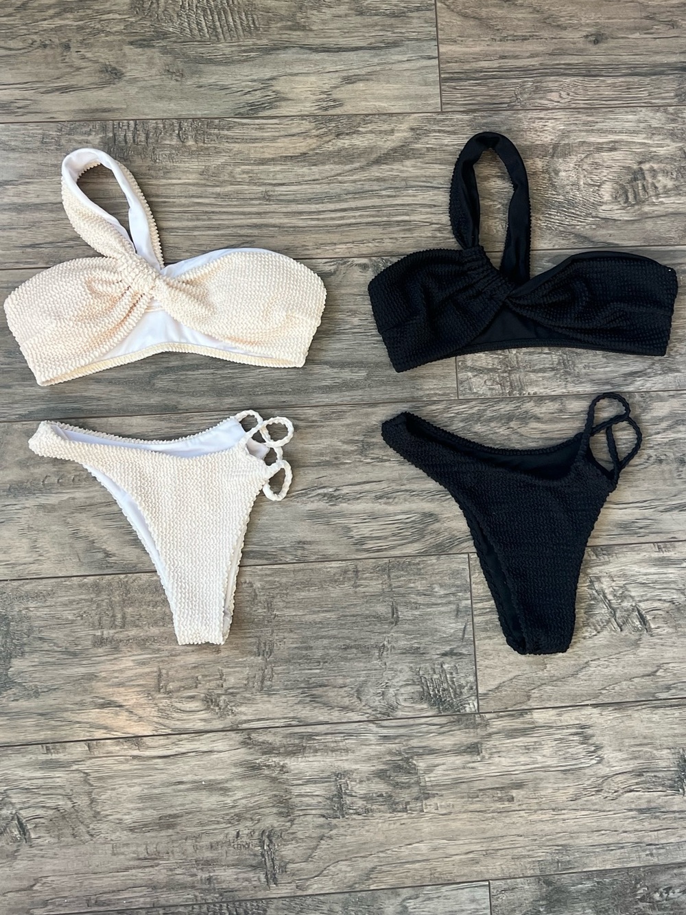 Textured One-Shoulder Bikini Set - Black and Cream Bundle!
